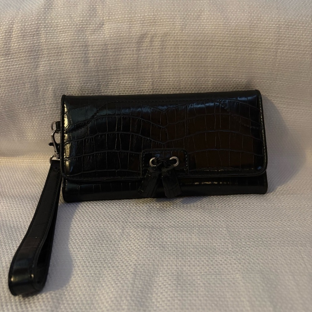 Black Faux Croc Phone Wallet Clutch with Wristlet Strap